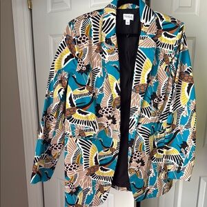 NWOT Terea Blue and Yellow Bird Print Blazer with Relaxed Fit